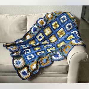 Vintage Crocheted Granny Square Throw Afghan Blanket Approximately 50”x60”